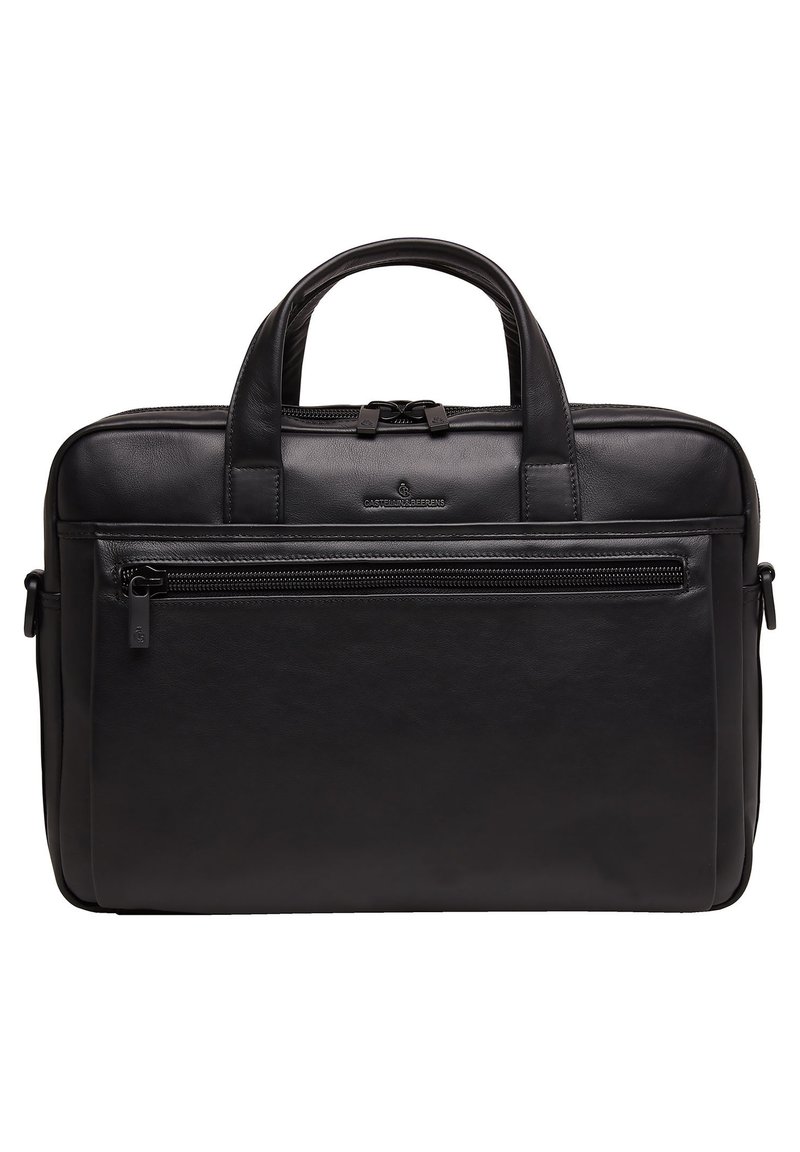 Schwarze Leder-Laptoptasche mit doppelten oberen Griffen, Reißverschlussverschluss, vorderer Reißverschlusstasche und glatter Textur. Besitzt eine minimale Markenkennzeichnung.
