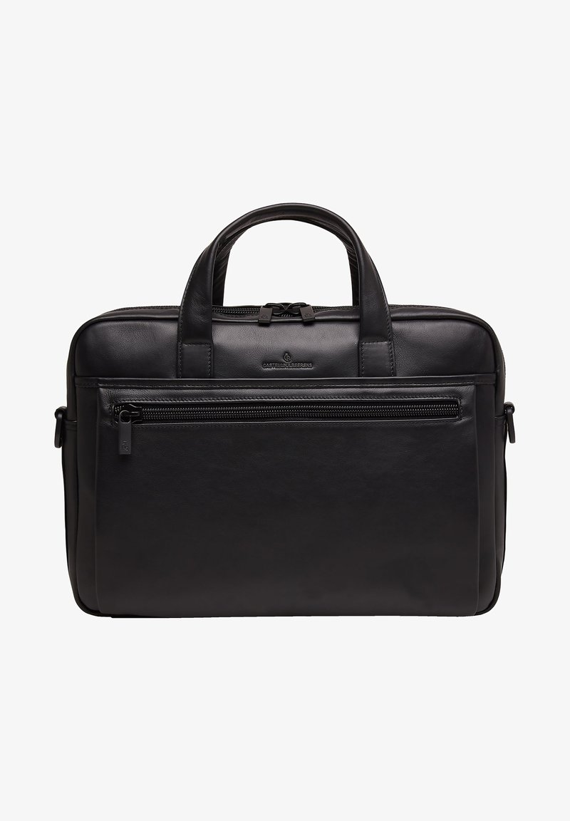 Zwarte leren laptoptas met dubbele bovenhandvatten, ritsluiting, voorvak met rits en een gladde textuur. Bevat minimale merkvermelding.