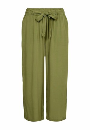 Pantaloni larghi leggeri di colore verde oliva con una cintura elastica e un fiocco annodato sul davanti. Texture liscia e design alla caviglia.