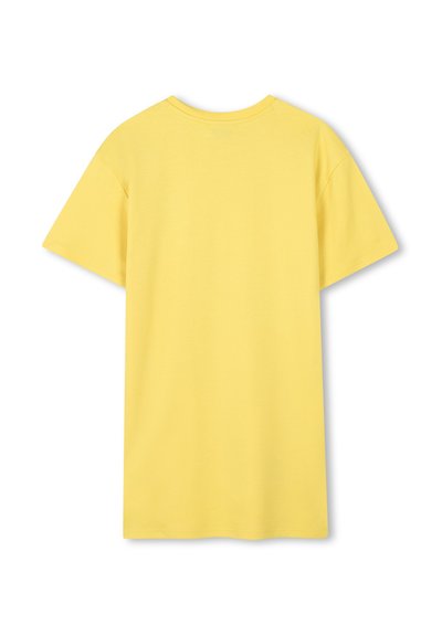 T-shirt à manches courtes, col rond, en coton jaune uni, affichant une texture lisse et un design minimaliste sans motifs ni accents visibles.