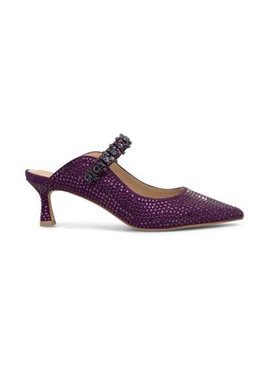 Lila High-Heel Slingback-Schuh mit spitzem Zehenbereich, strukturiertem Stoff mit ausgeschnittenem Design und einer verzierten Riemen über dem Knöchel.