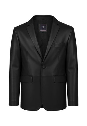 Blazer homme noir à un bouton, avec revers crantés, deux poches à rabat et une poche poitrine passepoilée, fabriqué en matière lisse imitation cuir.