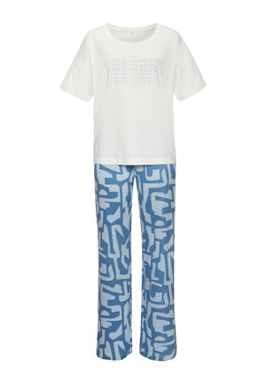 Weißes Baumwoll-T-Shirt mit hellblauem Aufdruck "SUNDAY MORNING" auf der Vorderseite, kombiniert mit blauen Loungehosen mit abstraktem Muster.