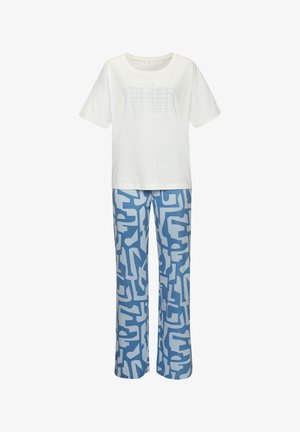 White cotton T-shirt with light blue text "SUNDAY MORNING" on front, paired with blue patterned lounge pants featuring abstract designs.