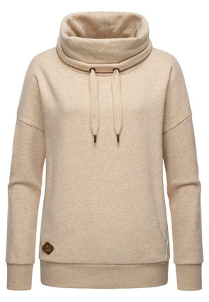 Beige pullover with a cowl neck and drawstrings. Made of soft fabric, features ribbed cuffs and a small logo patch at the hem.
