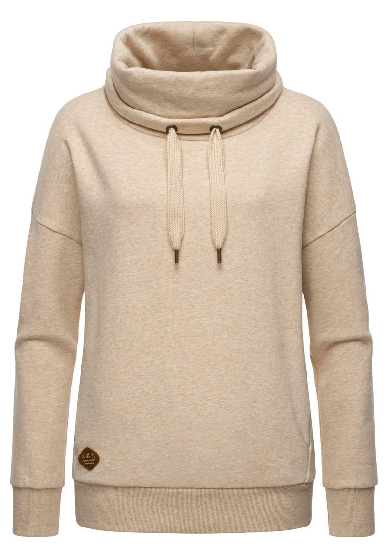Pullover beige con colletto a cappuccio e cordini. Realizzato in tessuto morbido, presenta polsini a coste e una piccola etichetta con logo sull'orlo.