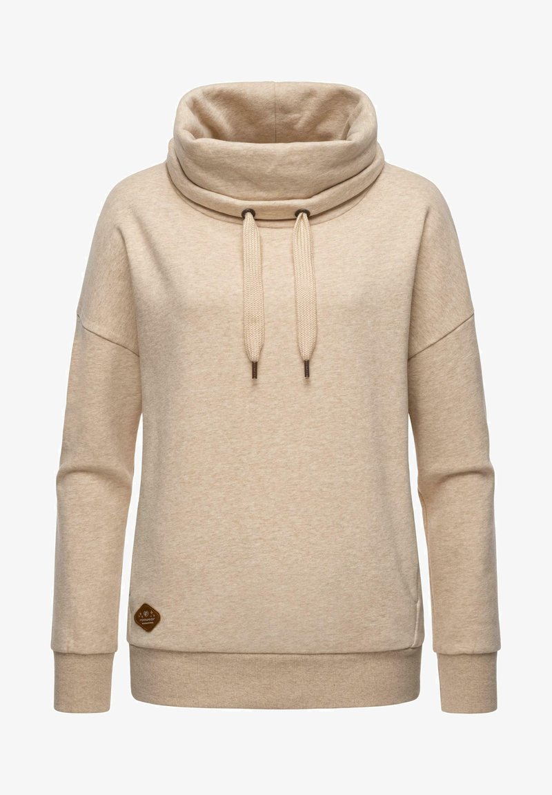 Beige tröja med en halsringning och dragsko. Tillverkad av mjukt tyg, har ribbade manschetter och en liten logotypapplikation vid fållen.