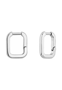 Pendientes de metal plateado con una forma geométrica y abstracta en forma de cuadrado, que presentan un acabado suave y pulido, junto con un mecanismo de cierre seguro.