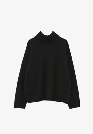 Suéter negro de cuello alto y oversize hecho de tela de punto suave, con un cuello alto acanalado y mangas anchas, sin ningún patrón visible.