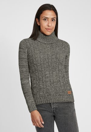 Gray knitted turtleneck sweater with textured cable pattern, long sleeves, and a small brown "oxmo" label on the bottom left.