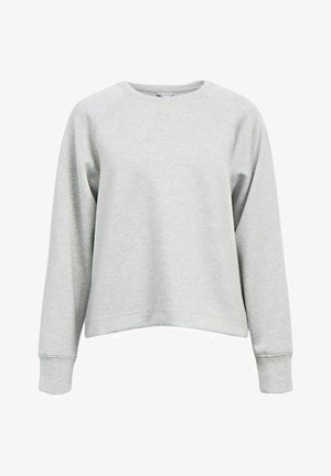 Šviesiai pilkas džemperis su raglano rankovėmis, apvaliu kaklu ir raštuotais rankogaliais. Pagamintas iš minkštos, tekstūruotos medžiagos su laisvu pjūviu.