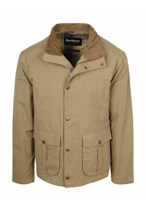 Beige heren Barbour-jas met een ribfluwelen kraag, rits- en drukknopsluiting, twee voorzakken met klep en drukknopen en een tartan voering.