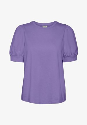 Fialová krátkonesrávová tričko z mäkkej bavlny s okrúhlym výstrihom a nafúknutými rukávmi, s voľným strihom a hladkou textúrou.