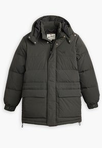 Ciemnozielona kurtka puchowa z zamkiem błyskawicznym i zatrzaskiem, dwoma przednimi kieszeniami, kapturem oraz pikowaną teksturą. Posiada logo na klatce piersiowej.