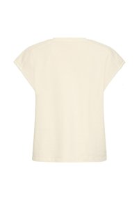 T-shirt crème à manches courtes avec col rond, vu de dos, sur fond blanc.