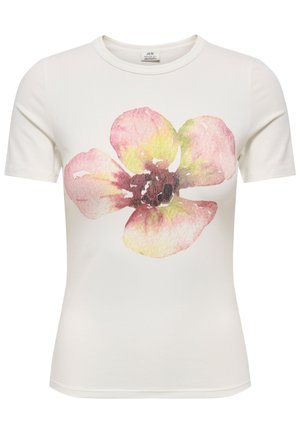 Weißes T-Shirt mit kurzen Ärmeln und einer großen, aquarellartigen Blume in Rosa-, Gelb- und Brauntönen, mittig auf der Vorderseite.