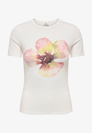 Weißes T-Shirt mit kurzen Ärmeln und einer großen, aquarellartigen Blume in Rosa-, Gelb- und Brauntönen, mittig auf der Vorderseite.