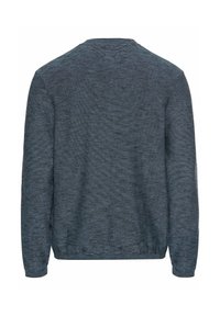 Blau gestreifter Pullover mit langen Ärmeln, Rundhalsausschnitt und gerippten Bündchen. Der Stoff wirkt weich mit einer Stricktextur und zeigt subtile tonale Variationen.