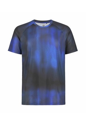 Lyhythihainen urheilupaita, jossa sinivalkoinen aaltoileva kuvio, kevyt ja sileäpintainen kangas sekä pyöreä kaula-aukko.