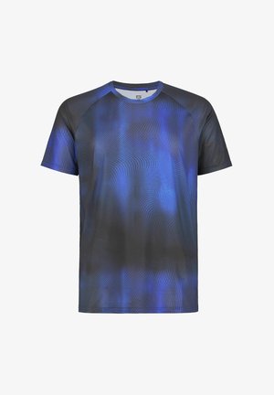 Camiseta deportiva de manga corta con un patrón ondulado azul y negro, confeccionada con una tela ligera de textura suave y cuello redondo.
