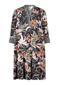 Květinové šaty v tmavě námořnické barvě s broskvovými a zelenými akcenty. Obsahují výstřih do V, tříčtvrteční rukávy a vrstvený volánkový lem.