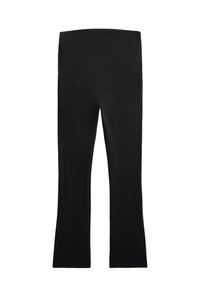 Fekete jóga nadrág széles, magas derékpánttal. Rugalmas anyagból készült, trapéz fazonú lábzattal. Sima textúra, minták vagy díszítések nélkül.