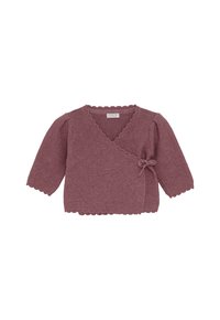 Weicher lila gestrickter Baby-Cardigan mit langen Ärmeln, gewellten Kanten, Wickeldesign und einer Schleifenverschluss an der Seite.