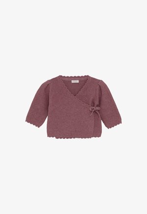 Weicher lila gestrickter Baby-Cardigan mit langen Ärmeln, gewellten Kanten, Wickeldesign und einer Schleifenverschluss an der Seite.
