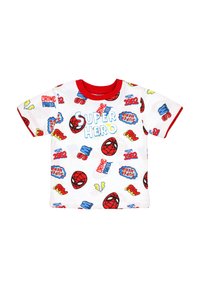 Dziecięca biała koszulka z czerwonym kołnierzykiem i wykończeniami rękawów, zdobiona czerwonymi nadrukami w kształcie maski superbohatera oraz słowami w stylu komiksu, takimi jak "SUPER BOHATER" i "WALCZY Z PRZESTĘPCZOŚCIĄ".