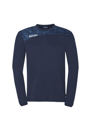 Marineblaues Sportlangarmshirt mit gemustertem Schulterteil und weißem "Kempa"-Logo auf der oberen linken Brust.