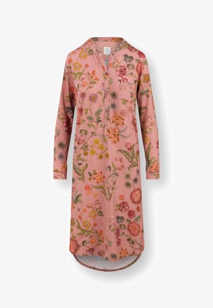 Langdurige roze jurk met meerkleurige bloemenpatronen, voorzak op de borst, knoopsluiting van de halslijn en een iets afgeronde zoom.