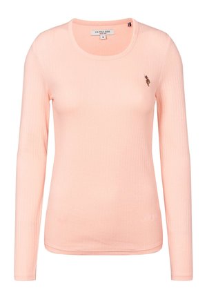 Pikad varrukad, soonikkoes, pastellroosa ülaosa ümarate kaelustega. Rinnal väike tikitud logo. Valmistatud pehmest, venivast kangast.