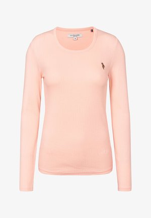 Pikad varrukad, soonikkoes, pastellroosa ülaosa ümarate kaelustega. Rinnal väike tikitud logo. Valmistatud pehmest, venivast kangast.