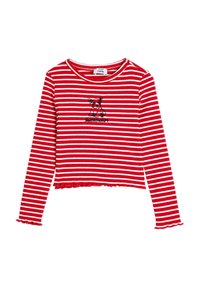 Czerwono-biała w paski długo-sleeve crop top, z okrągłym dekoltem i rysunkowym psem z napisem "sweetheart"; szczegóły z falbaną na dolnej krawędzi.