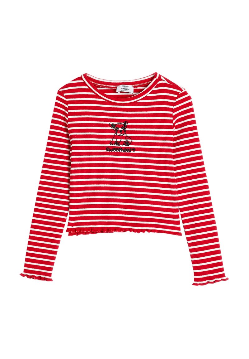 Czerwono-biała w paski długo-sleeve crop top, z okrągłym dekoltem i rysunkowym psem z napisem "sweetheart"; szczegóły z falbaną na dolnej krawędzi.