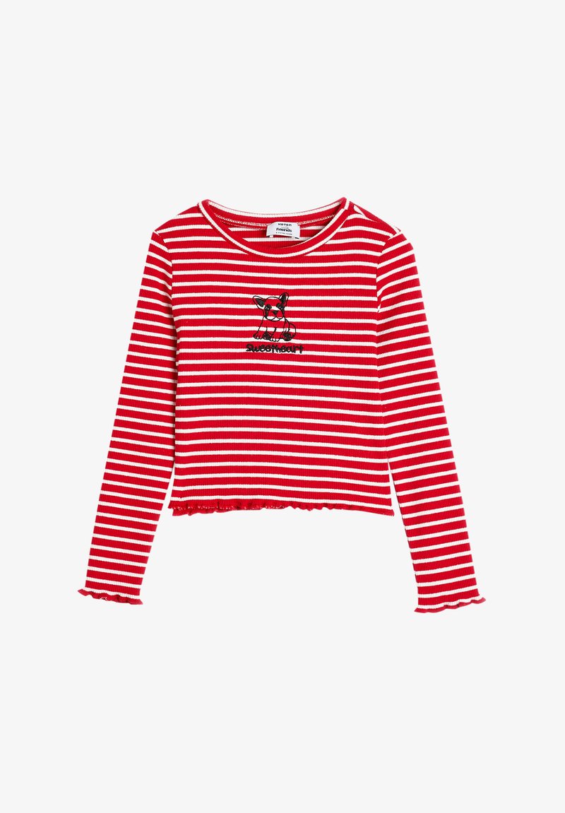 Red and white striped long-sleeve crop top, featuring a round neckline and a cartoon dog with "sweetheart" text; frilled hem details.