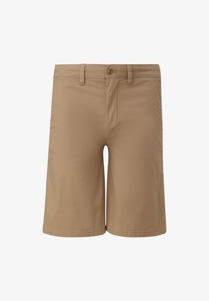 Vaaleanbeiget shortsit, jotka on valmistettu kevyestä kankaasta ja joissa on napitettava etuosa, vetoketjuflyyja sekä vyölenkit. Sujuva pinta ja suora leikkaus.