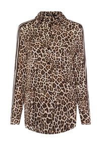 Leopard-print shirt in beige and brown, featuring a button-down collar, long sleeves, and contrasting side stripes. Soft fabric texture.