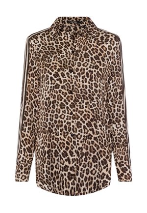 Leopardenmusterhemd in Beige und Braun, mit einem Button-Down-Kragen, langen Ärmeln und kontrastierenden Streifen an den Seiten. Weicher Stoff. 