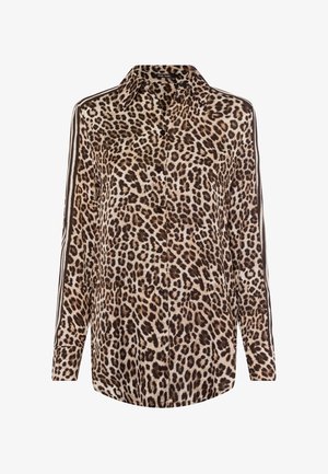Leopard-print shirt in beige and brown, featuring a button-down collar, long sleeves, and contrasting side stripes. Soft fabric texture.