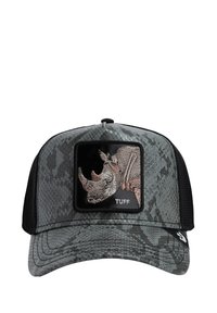 Kappe mit einer strukturierten grauen Schlangenhaut-Optik, einem schwarzen Mesh-Rücken und einem quadratischen Patch mit einer Ronnezahl-Stickerei.