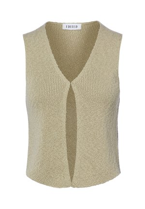 Beige gebreid mouwloos vest met V-hals en open voorkant, gestructureerde stof en licht gebogen zoom.