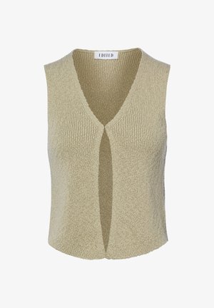 Beige knitted sleeveless vest with V-neck and open front, textured fabric, and slightly curved hem.