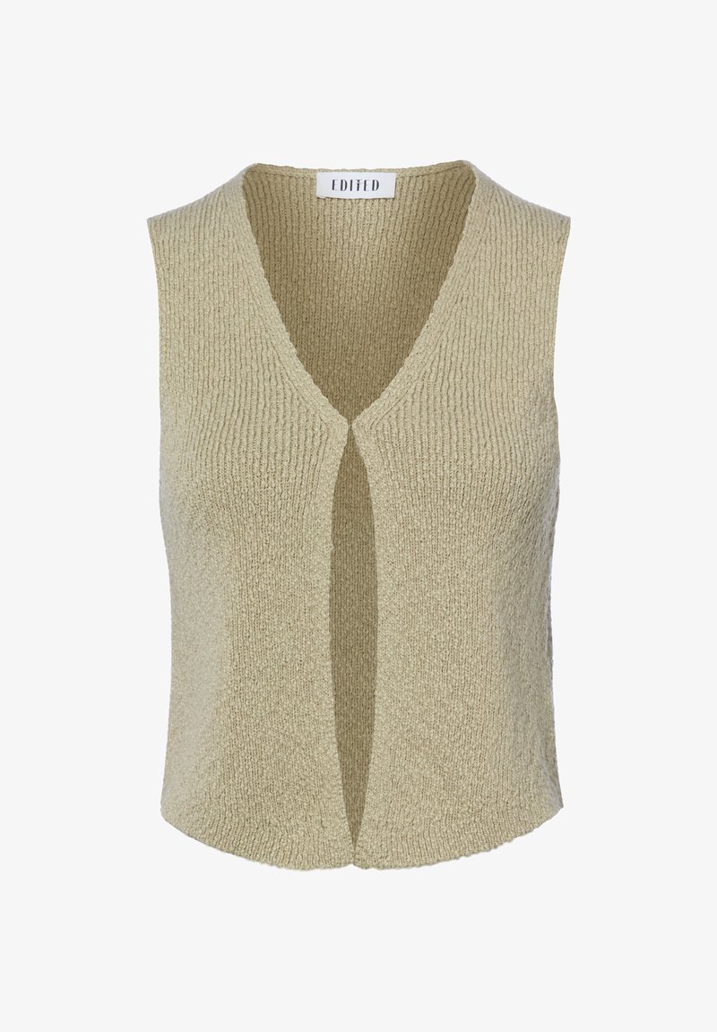 Beige gebreid mouwloos vest met V-hals en open voorkant, gestructureerde stof en licht gebogen zoom.
