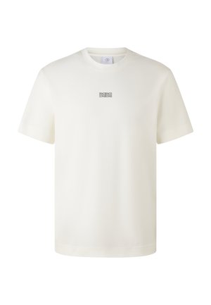 Biała bawełniana koszulka z krótkim rękawem i okrągłym dekoltem. Posiada małe czarne logo umieszczone na środku klatki piersiowej. Gładka tekstura, regularny krój.