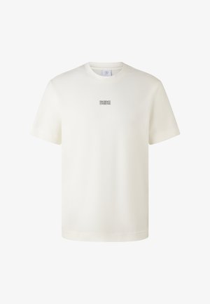 Biała bawełniana koszulka z krótkim rękawem i okrągłym dekoltem. Posiada małe czarne logo umieszczone na środku klatki piersiowej. Gładka tekstura, regularny krój.