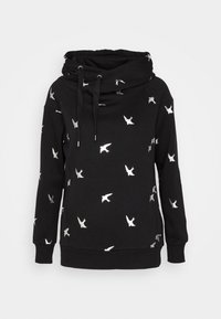 Sudadera negra de mezcla de algodón, con un cuello alto y patrones de pájaros plateados en toda su superficie. Incluye cordones ajustables y puños acanalados.