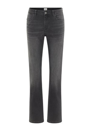 Schwarze Denim-Jeans mit geradem Bein, ausgestattet mit fünf Taschen, einem Knopfverschluss und dezentem Verblassen entlang der Oberschenkel. Klassisches Design.