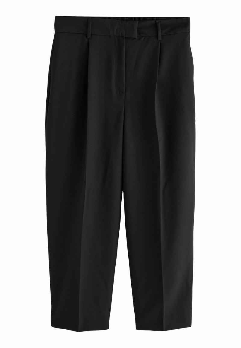 Zwarte broek met een losse fit, voorzien van voorplooien, riemlussen en zijzakken. Gemaakt van een soepele, lichte stof.