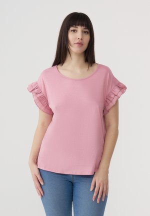 Blusa rosa a maniche corte con dettagli arricciati alle spalle, realizzata in morbido cotone, con scollatura rotonda e vestibilità comoda.